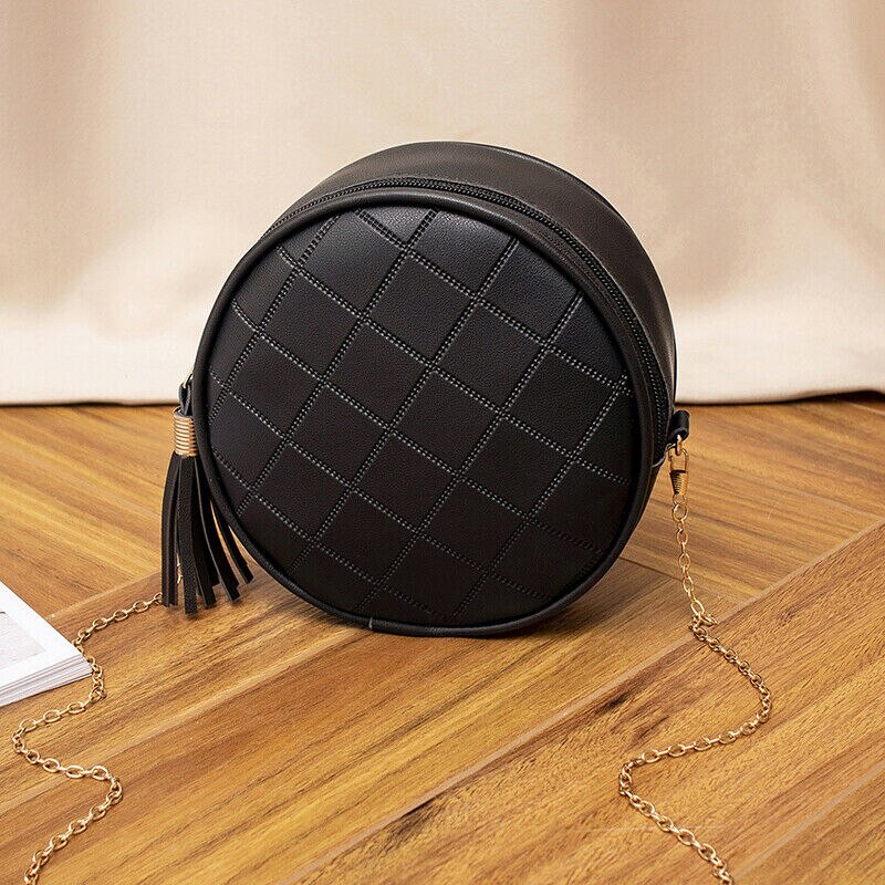 Women Bag Mini Handbag Solid PU Leather Messenger Bag Ladies Mini Circular Crossbody Bag with Tassel Bolsas Feminina