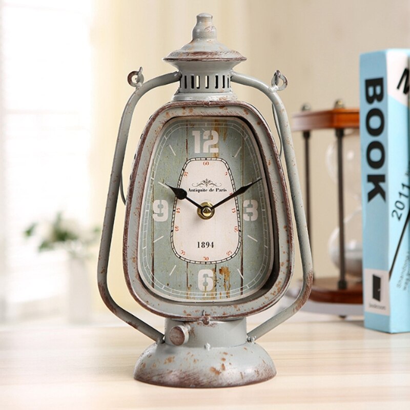 Gray Handle Candle Lantern Shape Iron Clock European Farm House Home Garden Tabletop Decor Metal Clock with Round Base