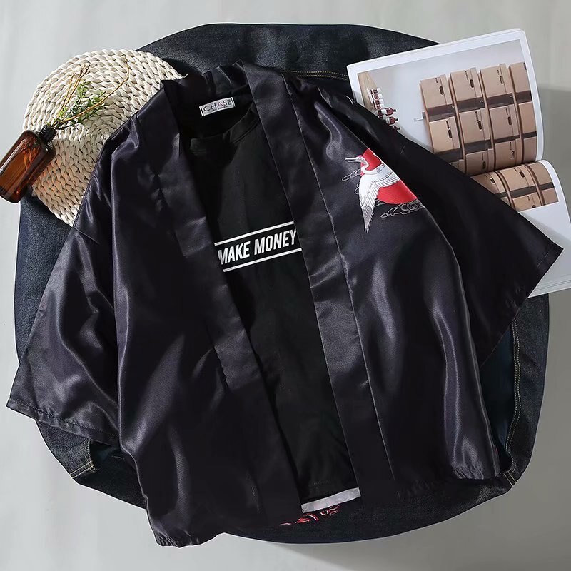 Japanse stijl traditionele kleding mannen aziatische oosterse streetwear jas samurai haori panda kraan patroon kimono top: Kleur 2 / S