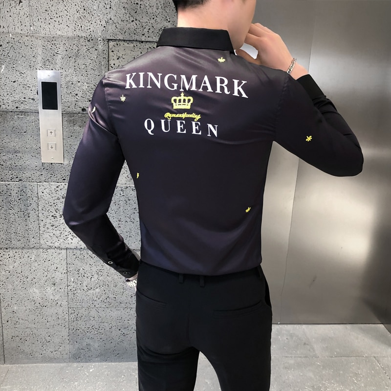 Krone broderi mænd skjorter lange ærmer business formel dress skjorter afslappet slim fit skjorte streetwear camisas para hombre
