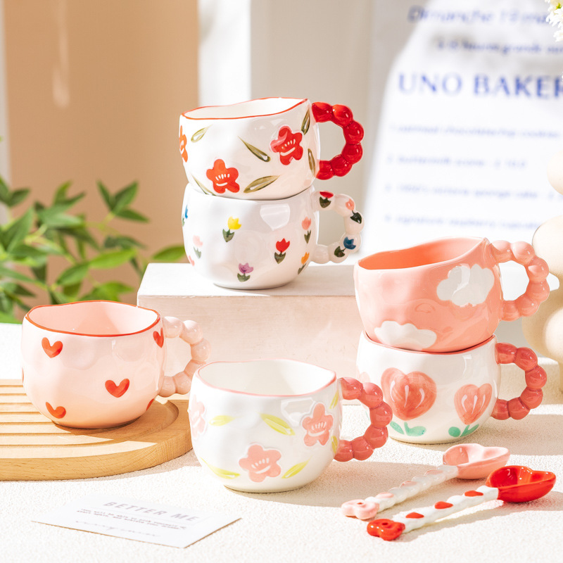 Urocze ceramiczne kubki z wzorem chmur i serc, filiżanki robić kawy, kubki robić herbaty mlecznej z kwiatami, naczynia robić napojów 250 ml, kuchnia