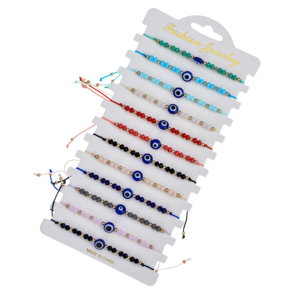 Women Men 12pcs/Sets Blue Turkish Evil Eye Charms Bracelets Crystal Bead Adjustable Rope Chain Yoga Wristband Child Girl Jewelry