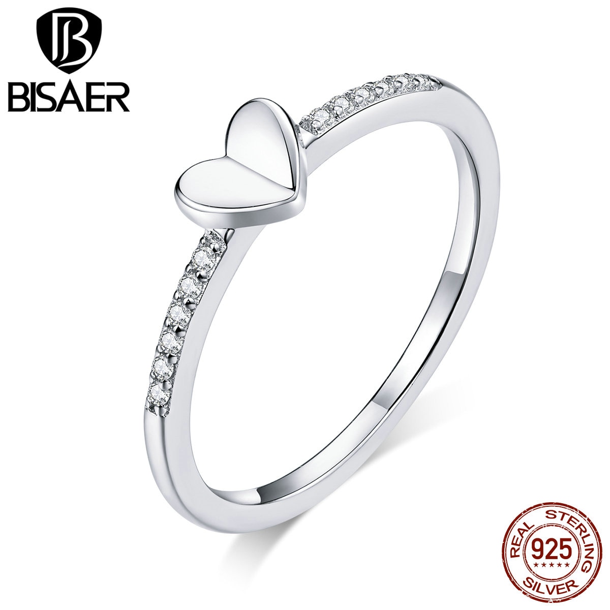 BISAER Folded Heart Rings 925 Sterling Silver Shiny Zircon Finger Simple Ring For Women Wedding Engagement Jewelry EFR121