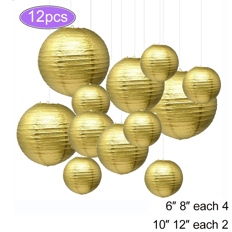 Lanterne chinoise suspendue en papier, 12 pièces/lot, lanterne dorée pour mariage, Festival, fête, mariage, décoration extérieure: gold