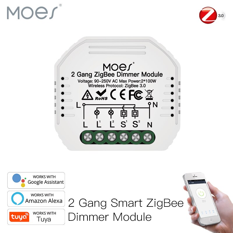 Moes tuya zigbee 3.0 smart-lichtschalter-relaismodul, 1/2/3 -fach dimmermodul, smart life tuya app-steuerung mit alexa und google home: Zb -2g dimmer