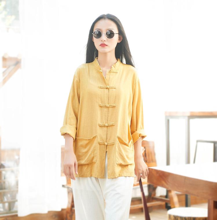 Herfst Vintage 3 Effen Kleur Casual O Hals Vrouwen Losse Katoen Lijn Blouse: Geel