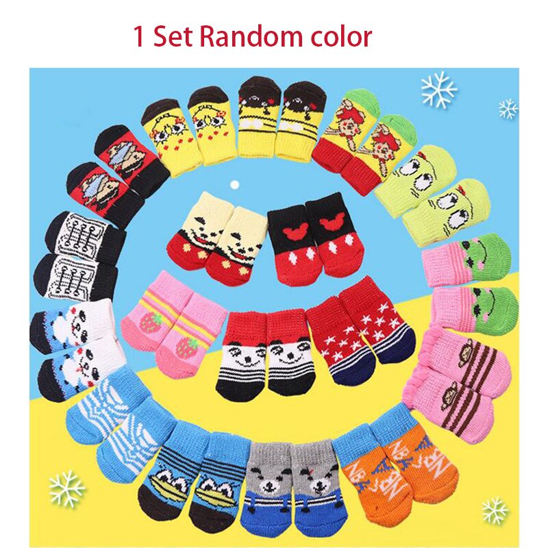 4pcs/Set Anti-Slip Dog Socks Cat Socks with Rubber Reinforcement Pet Paw Protector Cute Puppy Dog Knit Socks Indoor Wear: Socks Random Color / L