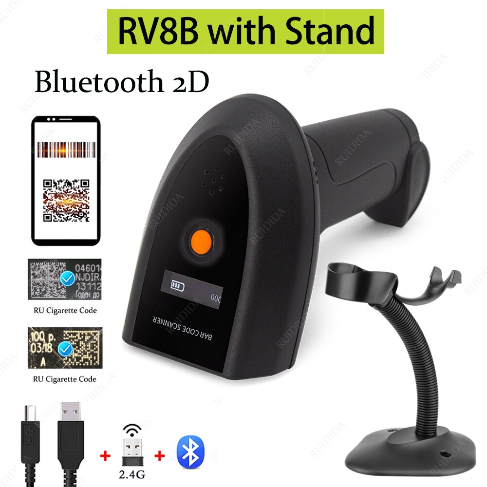 Handheld kabellos 2d Leser Drahtlose Scanner 2D Bluetooth Bar Code Scanner qr Code Scanner PDF417 Für Supermarkt Einkaufen Warehous: RV8B mit Stand