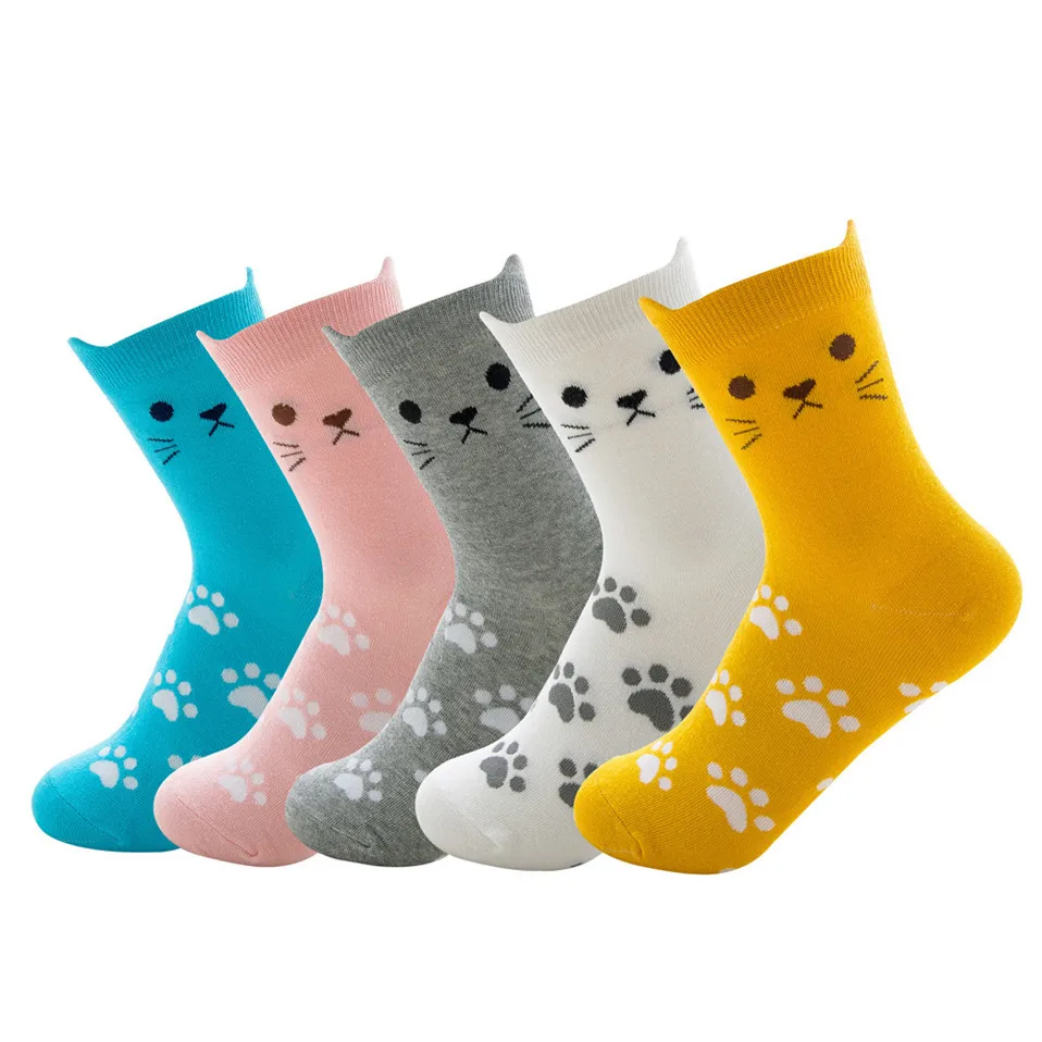 Women's Cartoon Harajuku Socks Colorful Cute Funny Happy Cat Animal 4 Season Socks for Girl Christmas