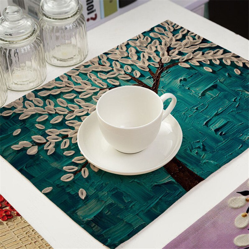 1Pcs Flower Tree Pattern Kitchen Placemat Dining Table Mat Drink Coaster Cotton Linen Pad Bowl Cup Mat 42*32cm Home Decor MP0016