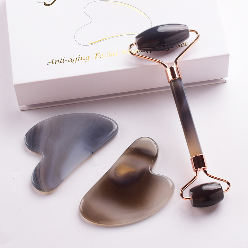 Masajeador con rodillo de Jade de ágata gris, raspador Gouache para cara, herramientas para el cuidado de la piel, masajeadores de elevación de belleza para espalda y cuerpo Natural