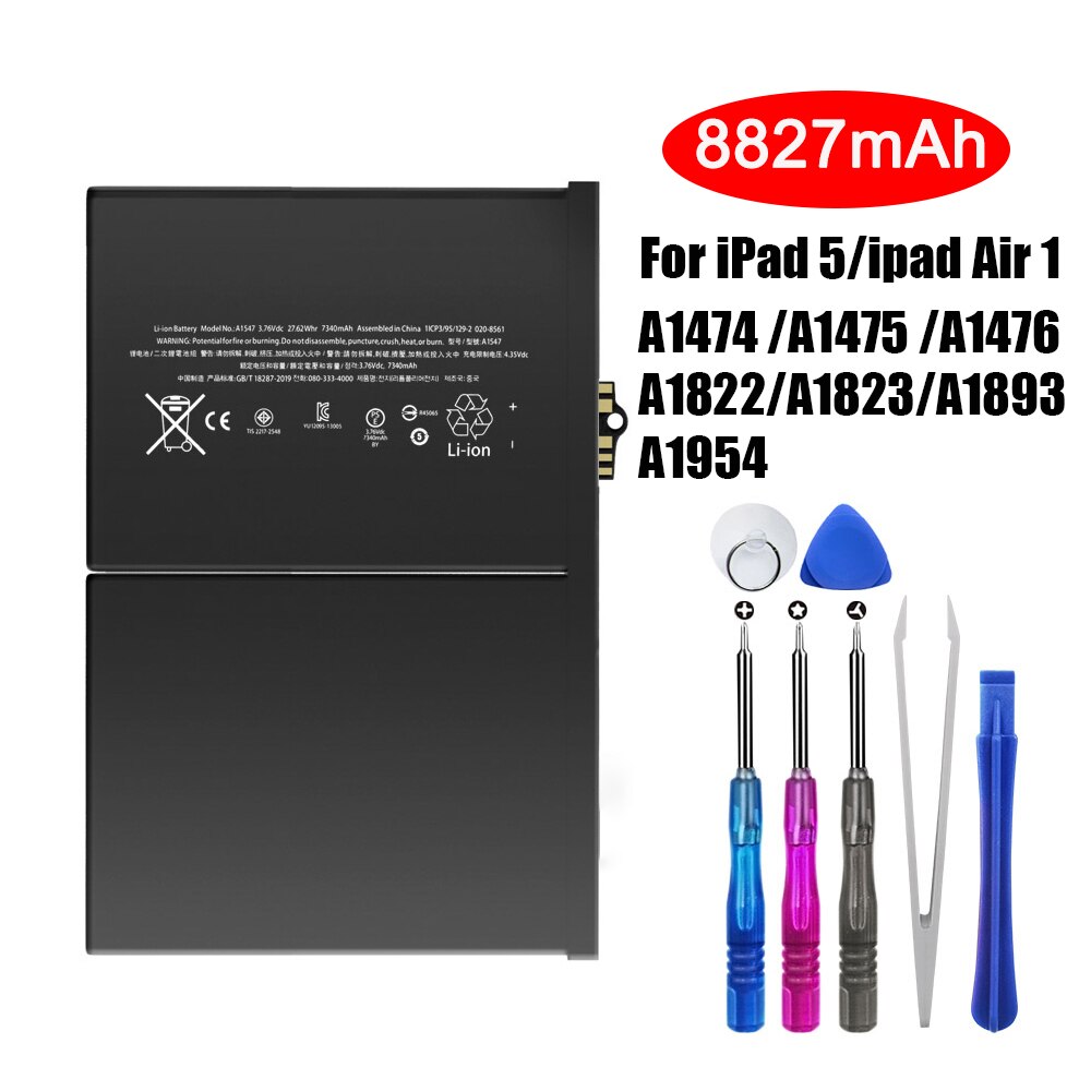 PINZHENG – batterie de remplacement pour tablette iPad 5 Air1, 8827mAh, A1474, A1475, A1476, A1822, A1823, A1893, a194, avec outil