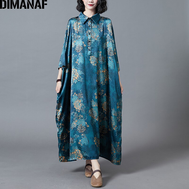 Dimanaf plus size kvinder kjole dame vestidos vintage tøj silke løst afslappet print blomstret maxi kjole efterår 5xl 6xl