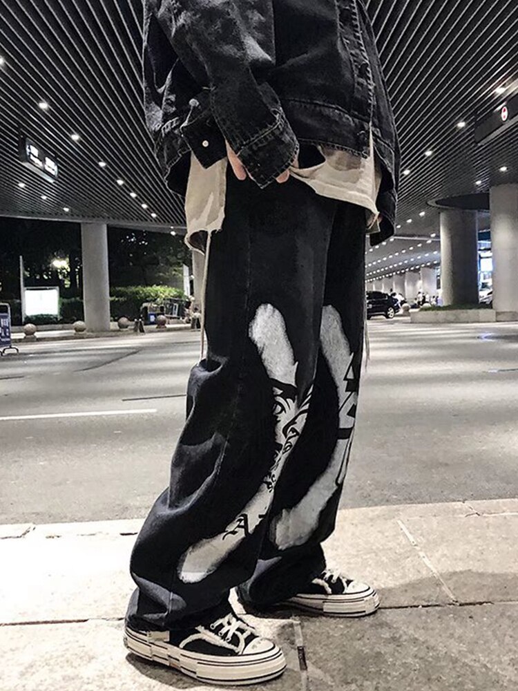 HOUZHOU-pantalones vaqueros negros para hombre, vaqueros de gran tamaño con estampado de Hip Hop, ropa de calle japonesa, Pantalones vaqueros de pierna recta
