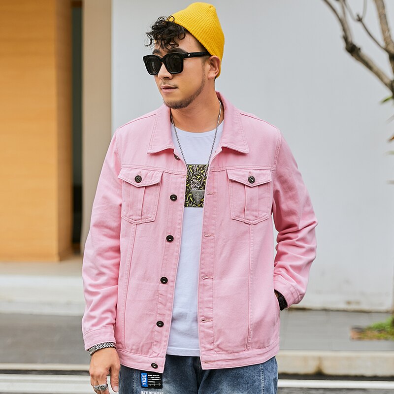 Oversized men's denim jacket in autumn Pink denim jacket men spring and autumn men's oversized denim jacket: L