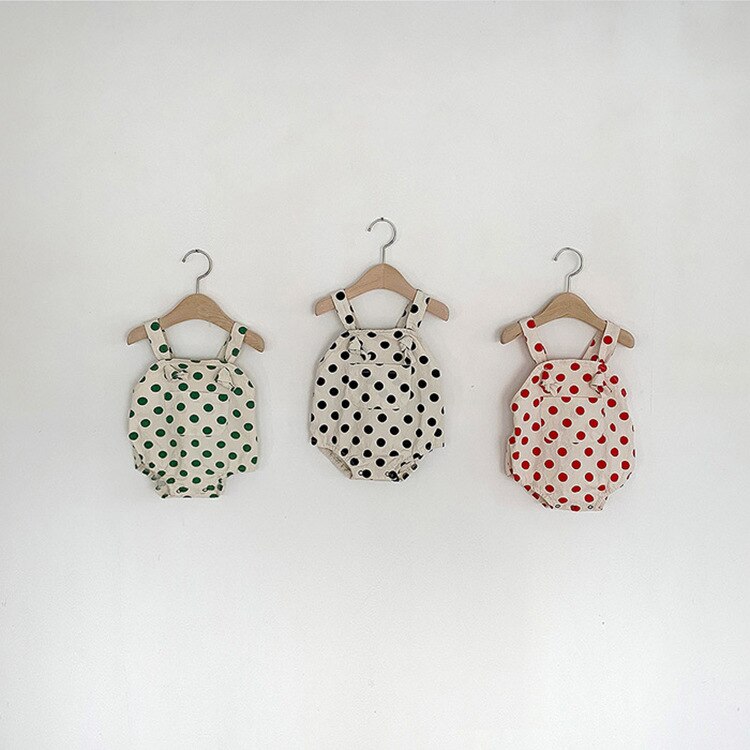 Lente baby bodysuit en zomer jongens meisjes boyle point schattige baby eenvoudige stippen creeper jumpsuit met bandjes broek