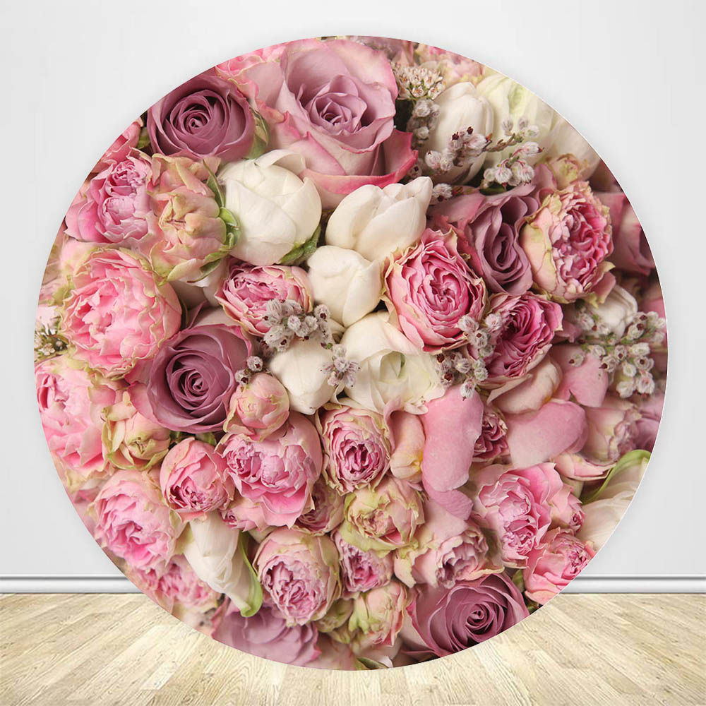 Mocsicka Round Circle Photography Backdrop Table Cover Pink Flower Wall Rose Wedding Background Decoration for Photo Studio Prop