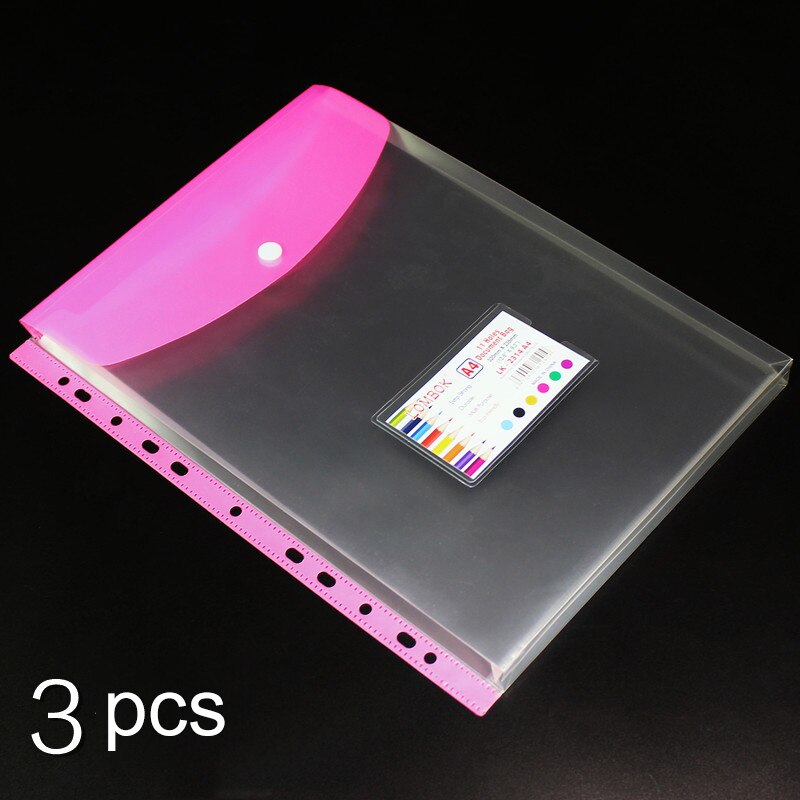 Bolsa de documentos transparente A4 de 3 piezas, carpetas de archivos de hojas sueltas de 11 agujeros, bolsa de información gruesa de película protectora a presión de gran capacidad: A red