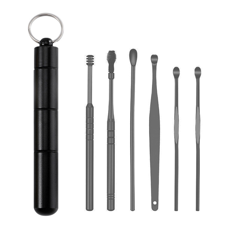 6 Stks/set Ear Wax Pickers Rvs Spiraal Earpick Wax Remover Curette Oor Pick Cleaner Oor Lepel Zorg Oor Schoonmaken gereedschap: Black