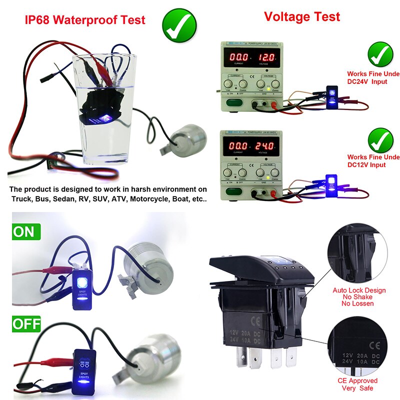 ADPOW 5pin Car Switch Boat Truck Light Toggle switch Waterproof 24V Bar Style Blue Toggle Rocker Reverse Rear Light Switch 12V