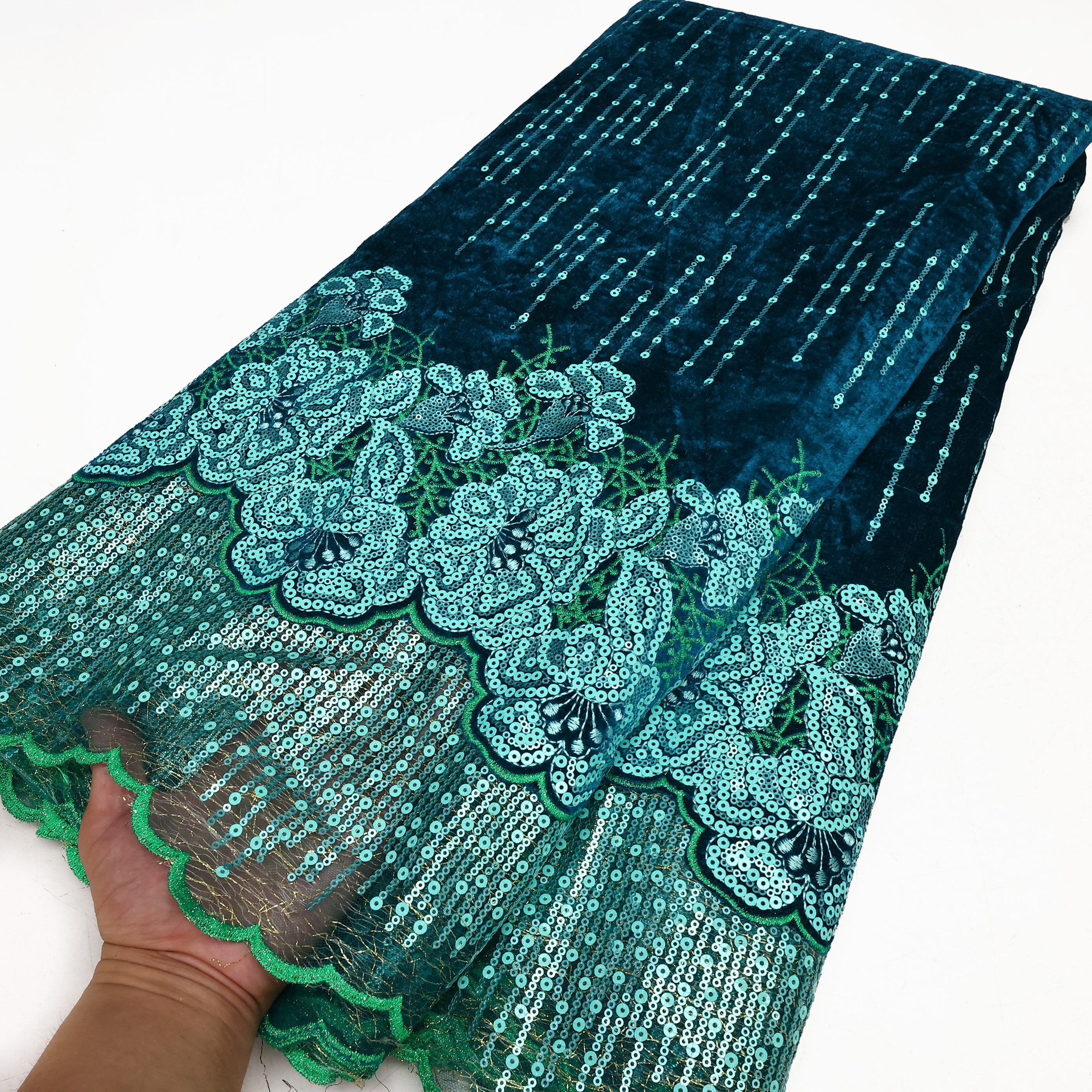 Tessuto di pizzo di velluto africano di moda tutto'ingrosso di alta qualità donne partito paillettes ricamo materiali di pizzo nigeriano: Rame antico / 2.5yard