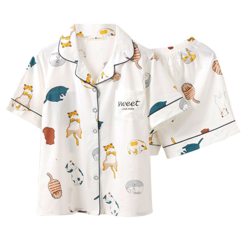 Kvinder sommer bomuld pyjamas sæt kawaii meow kat kortærmet nattøj nattøj  m7dd: L