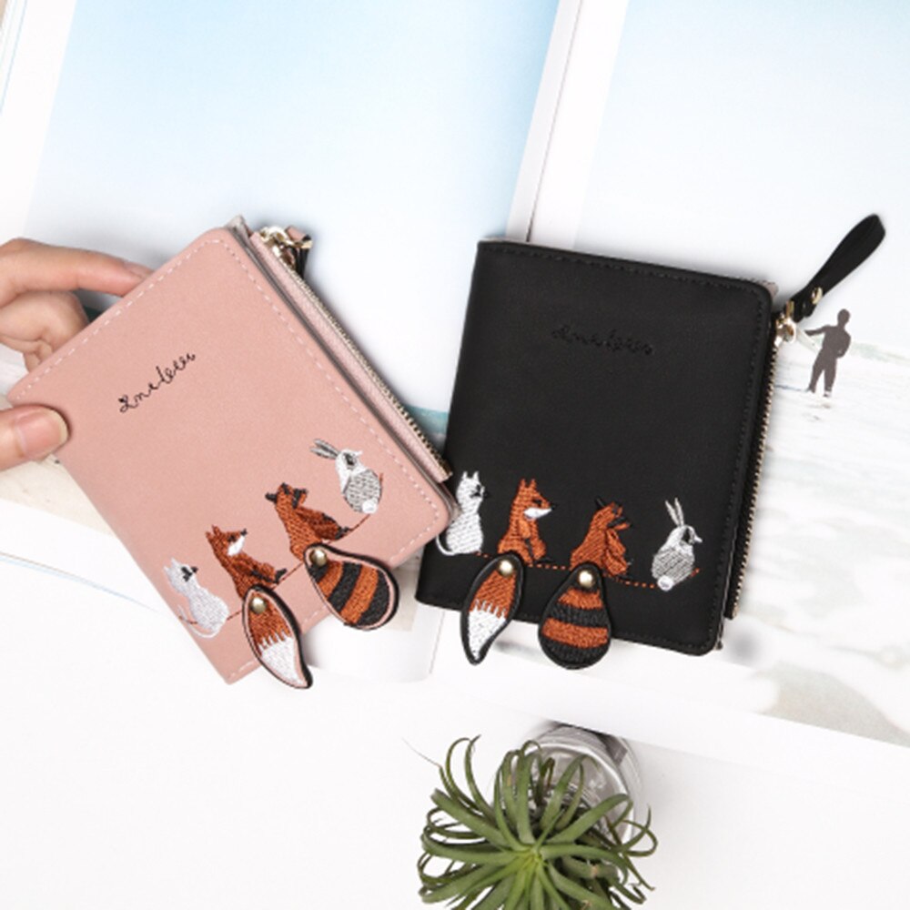 Damesportemonnee met schattige cartoondieren, kort leren damesportemonnee met rits, kaarthouder voor meisjes