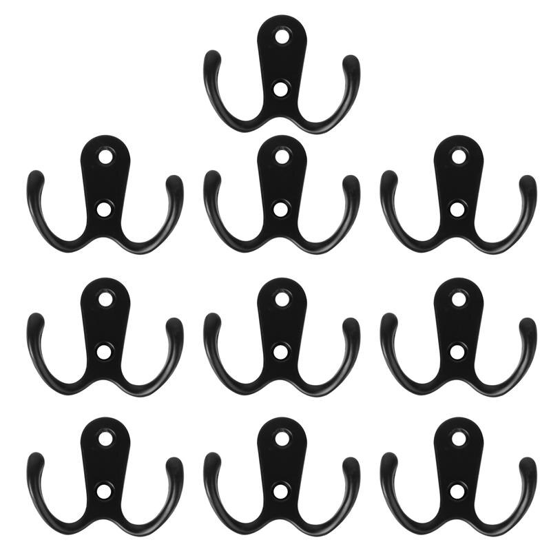 10pcs 2-Pronged Coat Hooks Wall-Mounted 2 Hole Towel Hanger For Coats Hats Clothing Double Hook For Wall Hanging Clothes And Hat: Black