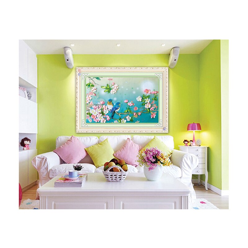 Flor pájaro seda cinta bordado 3D lienzo pintura satén punto de cruz kit artesanía de costura DIY home dec pegatina de pared