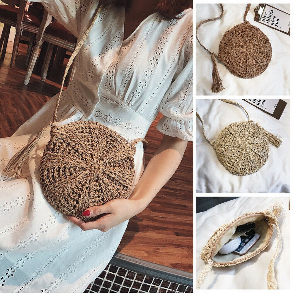 Bolso cruzado Circular de mimbre y mimbre para mujer, bolsa de mano Vintage con borlas, tejido de paja para playa y verano,