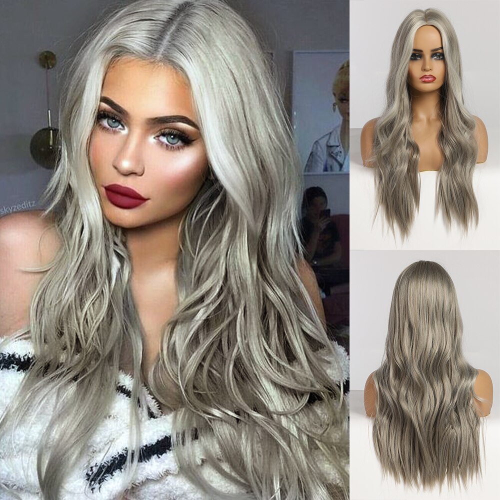 Alan eaton ombre svart brun platina blond peruk mittdel syntetiskt hår långa vågiga peruker för svarta kvinnor cosplay värmebeständig: Lc330