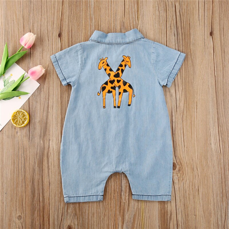 Casual Peuter Baby Jongens Denim Rompertjes Animal Print Korte Mouw Turn Down Kraag Blauw Zomer Jumpsuits