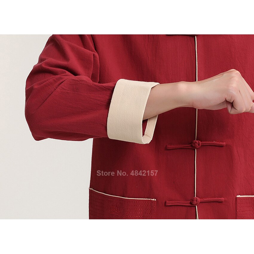 Tops Hanfu de estilo chino para hombres, traje Tang de manga larga de lino, chaqueta, uniforme de Tai Chi, ropa Wushu, camisas Vintage, cuello levantado