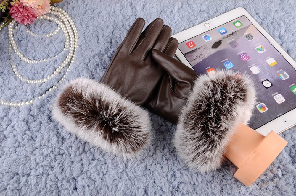 Warm Gloves Lady Luxury Fur Gloves Winter Leather Full Finger Warm Glove Driving Outdoor Glove Women Black Mitten #L20