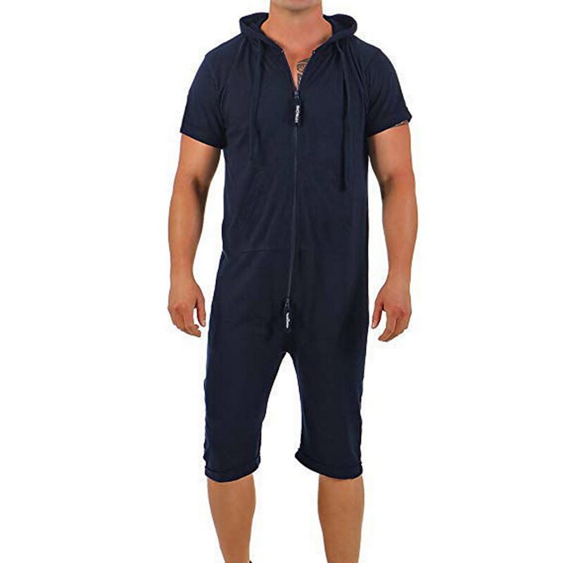 hommes combinaison une-pièce vêtement pyjama homme combishort été fermeture éclair manches courtes onesie mâle combinaison Streetwear salopette: Navy Blue / XXL