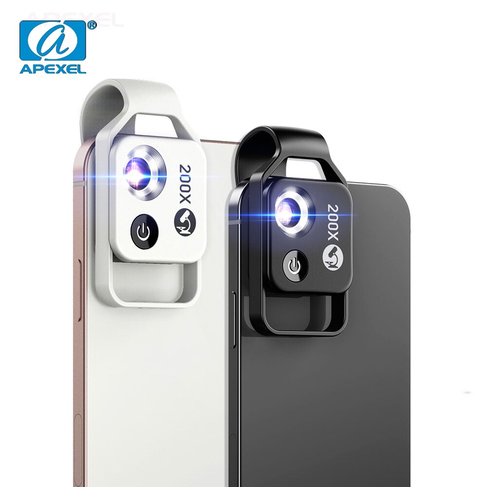 Lente per microscopio con ingrandimento APEXEL 200X con lenti Macro tascabili a luce LED Mobile CPL per IPhone Xiaomi Samsung Huawei