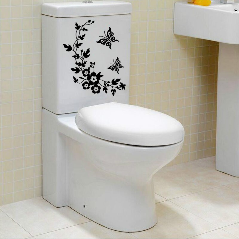 Czarny naklejka łazienkowa 3D motyl ściana kwiatów naklejki artystyczne naklejki wymienny wodoodporna dekoracje dla domu DIY toaleta wc naklejki