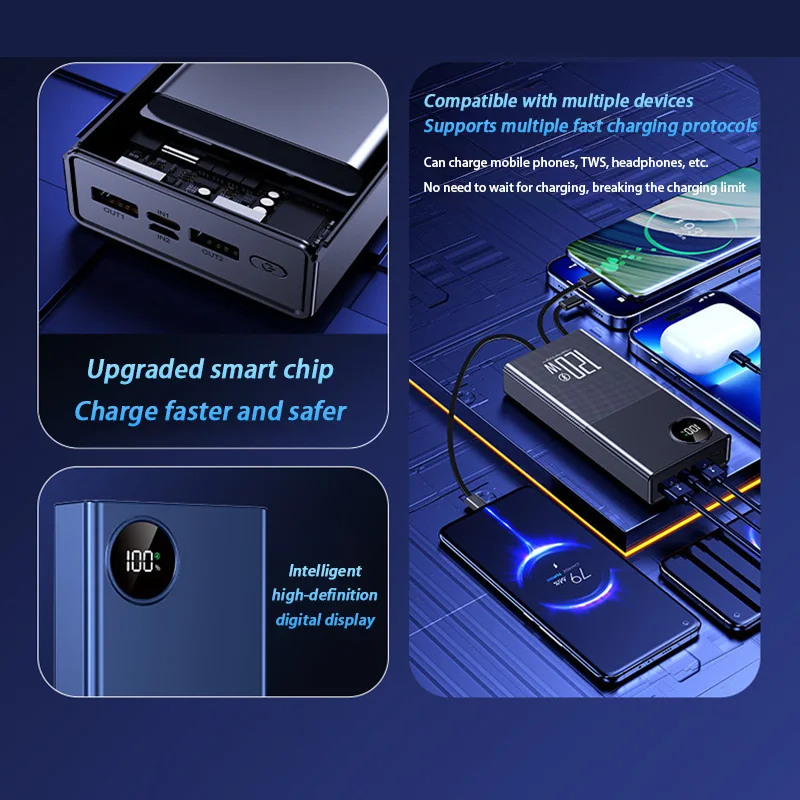200000mAh 120W Power Bank Large Capacity Super Fast Charge Portable Power Bank With 4 Charging Cables LED Digital Display