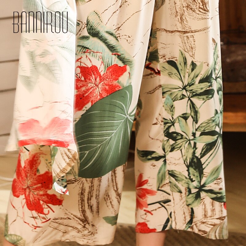 BANNIROU Autumn Women Pyjamas Sets Printed Pajamas Set Viscose Floral Spring Night Suits Home Wear Female Pajamas Sets 4 Pcs