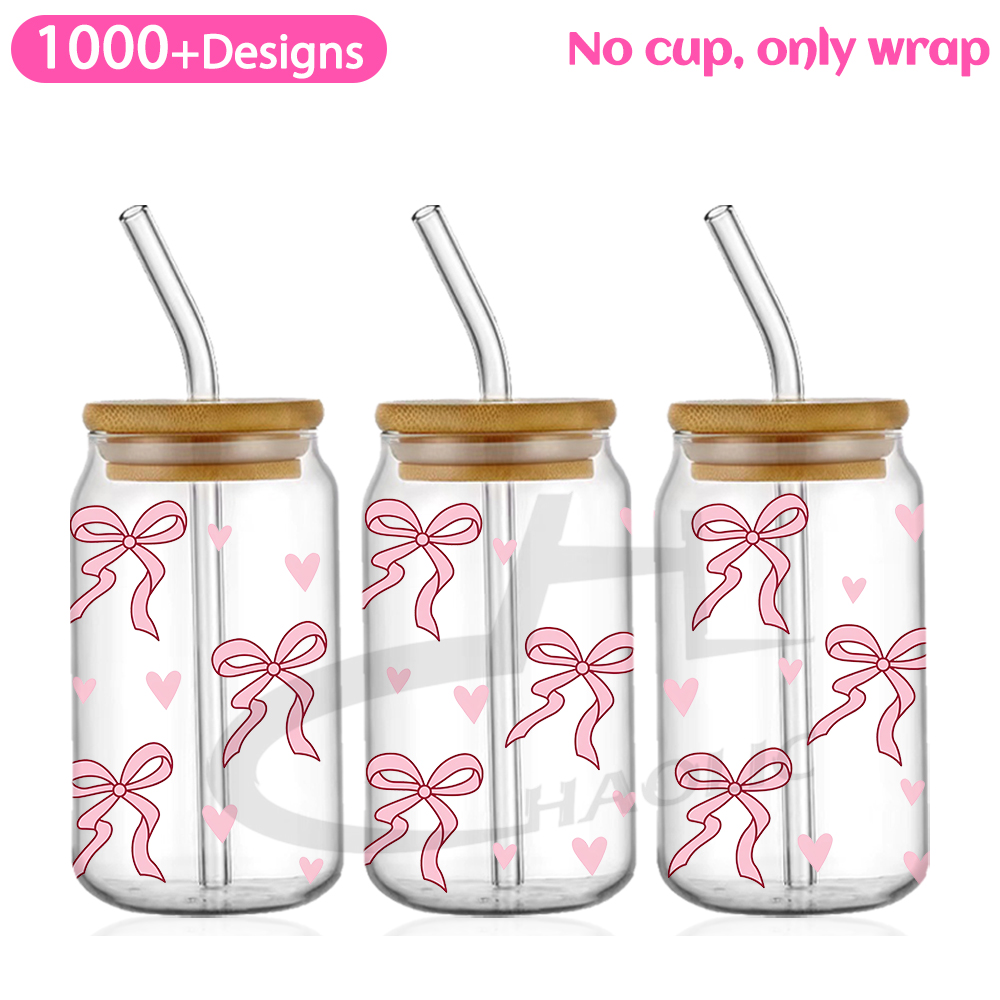 Roze zwierige strikken UV DTF Cup Wrap voor 16oz Libbey bierglas kan mooie liefde linten schattig girly Cup Wrap UV DTF sticker: green