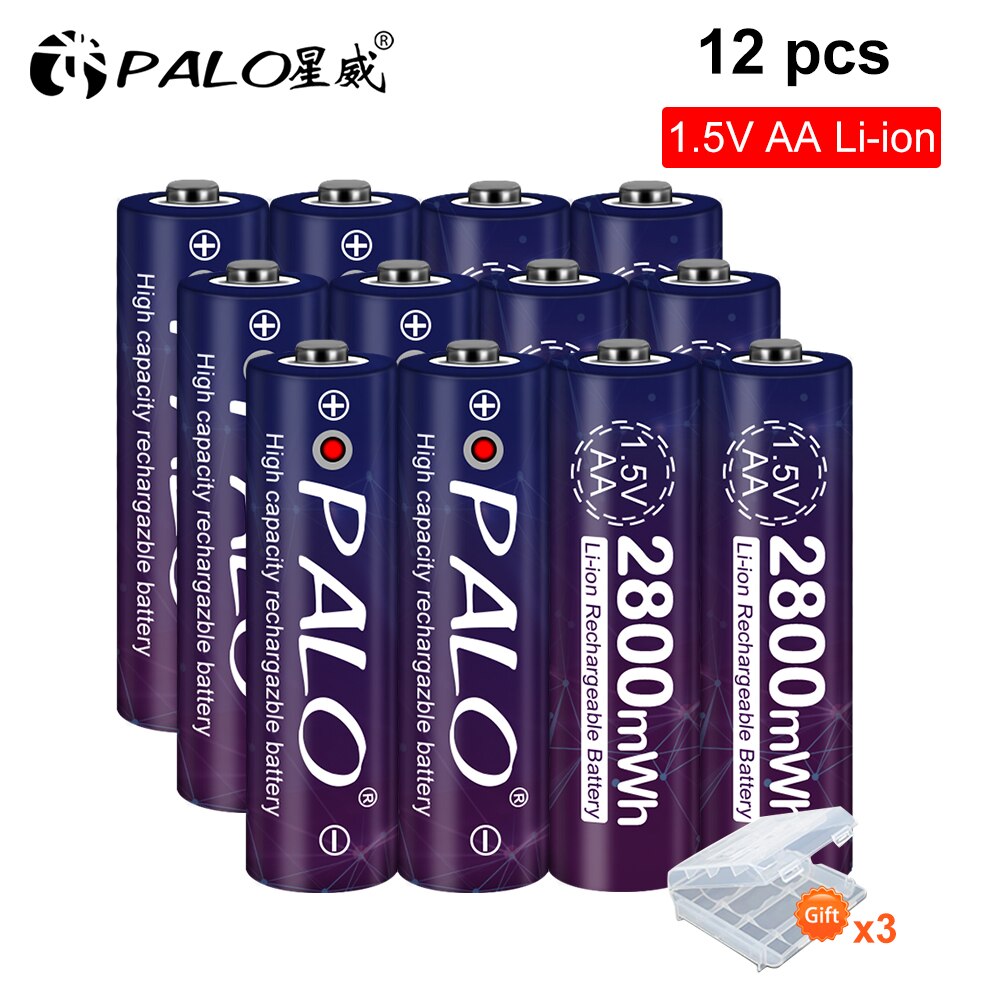 PALO 1.5V 2800mWh AA Rechargeable Li-ion Batteries - USB Charger Set: 12AA battery