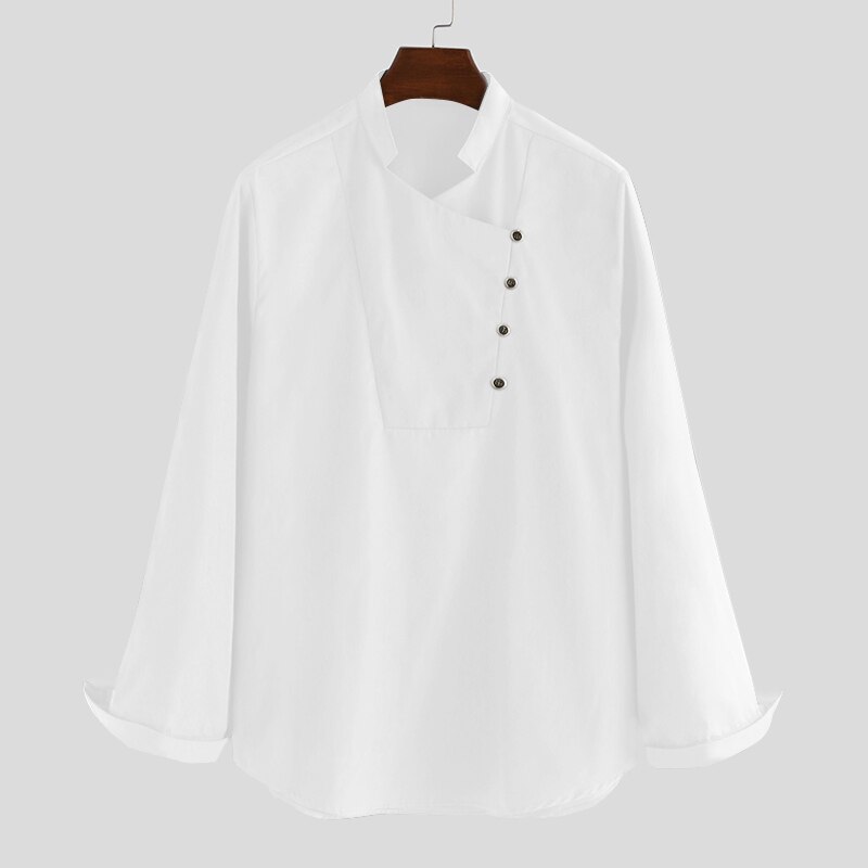 Män vintage skjorta långärmad indiska kläder stativ krage streetwear muslimska toppar solida fritidsskjortor kurtas incerun s -5xl: Vit / M