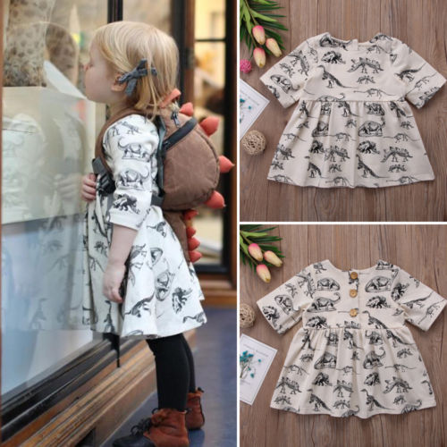 Unicorn barn baby flicka klänning djur halv ärm dinosaurie kläder kläder beige a-lineddress