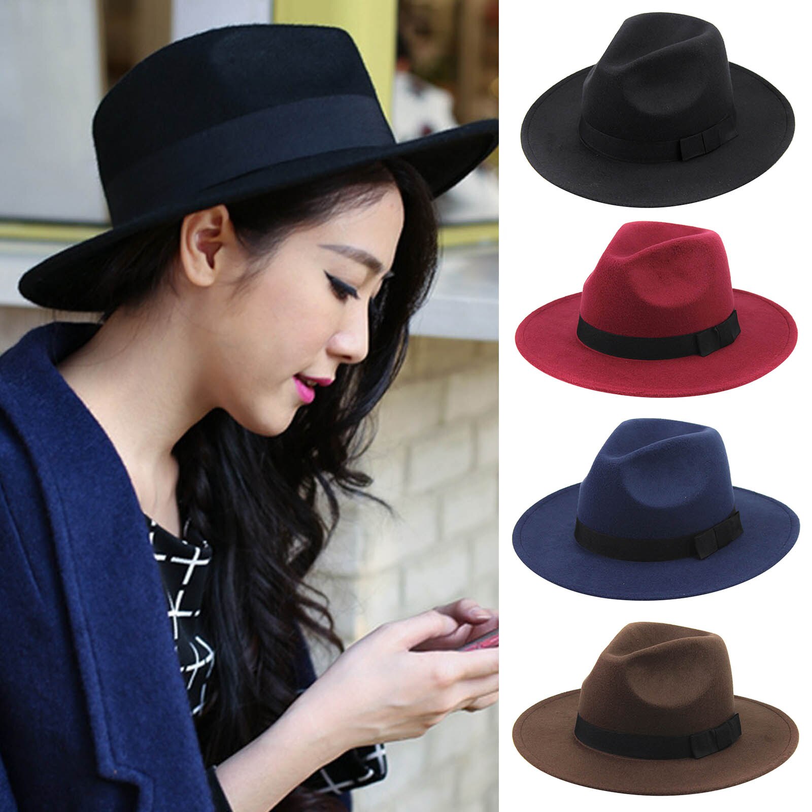 Sombrero de lana con cinturón de borde ancho para mujer, gorro cruzado de fieltro con parte trasera, estilo británico