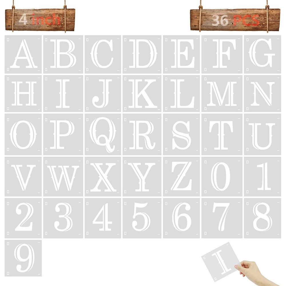 Plantilla para pintura con letras, plantillas con alfabeto para madera reutilizable, caligrafía de plástico, plantilla de letras, 36 Uds.: 4inch