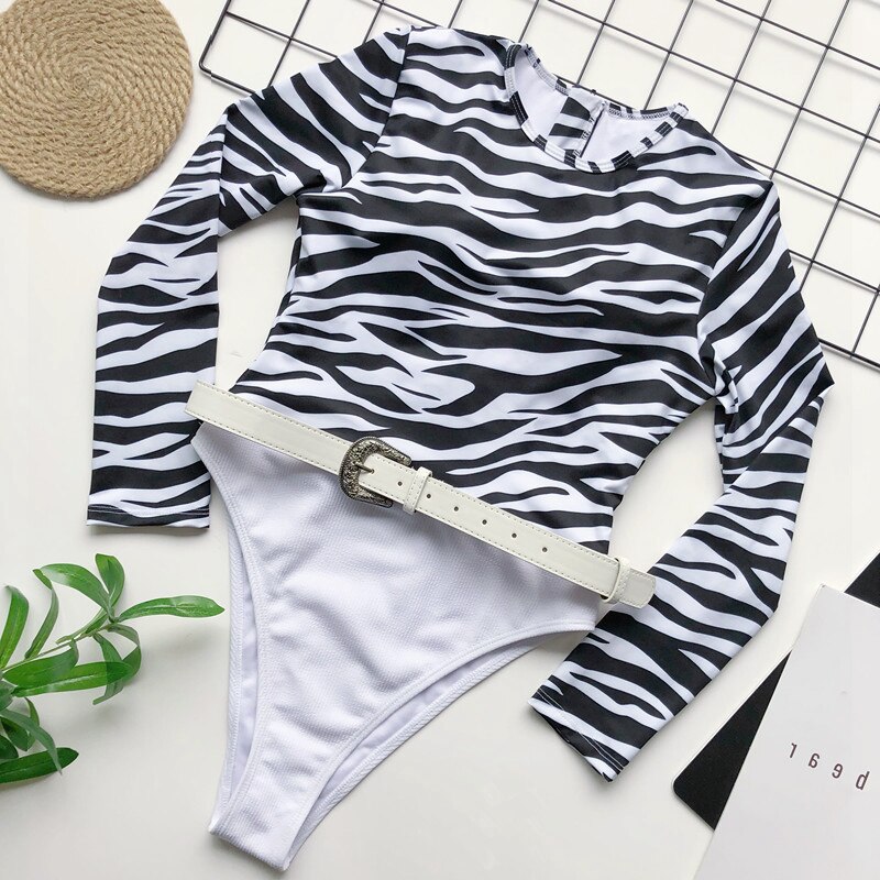 Vestito di un Pezzo A Vita Alta Costume Da Bagno Costume Da Bagno Costumi Da Bagno 2020 A Maniche Lunghe Vestito di Nuoto per Le Donne Rashguard Della Chiusura Lampo Surf: WTzebra / L