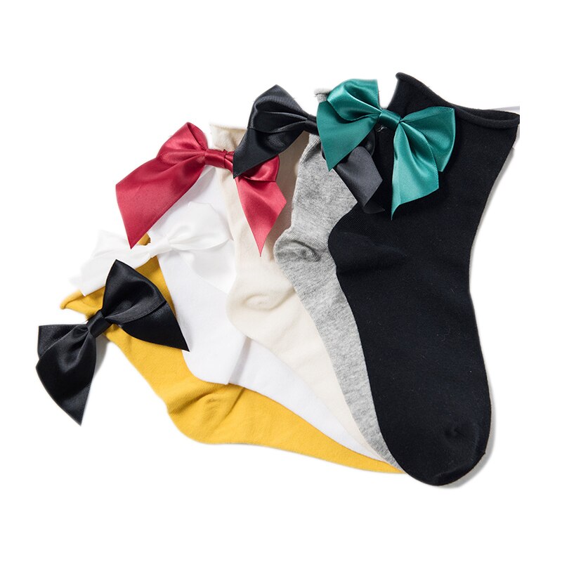 Winter Autumn Spring Sweet Curl Cotton After The Heel Ribbon Big Bow Short Socks Wild Chaussette Female Herring Ankle Socks