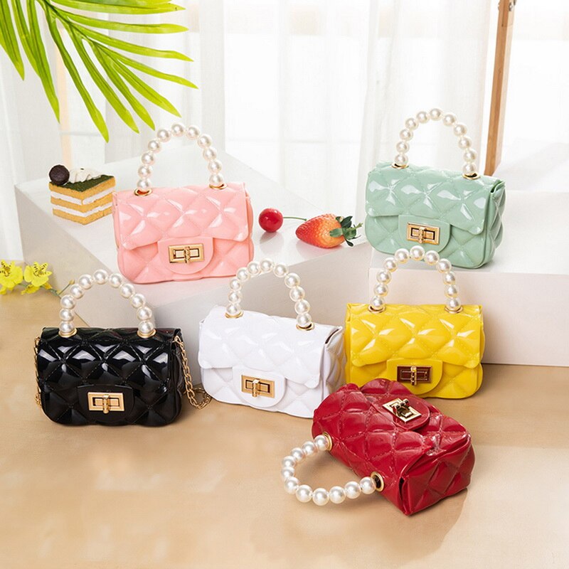 Mini bolso de mano con cadena para mujer, bandolera de PVC con cadena para chica, bandolera con rombos y perlas