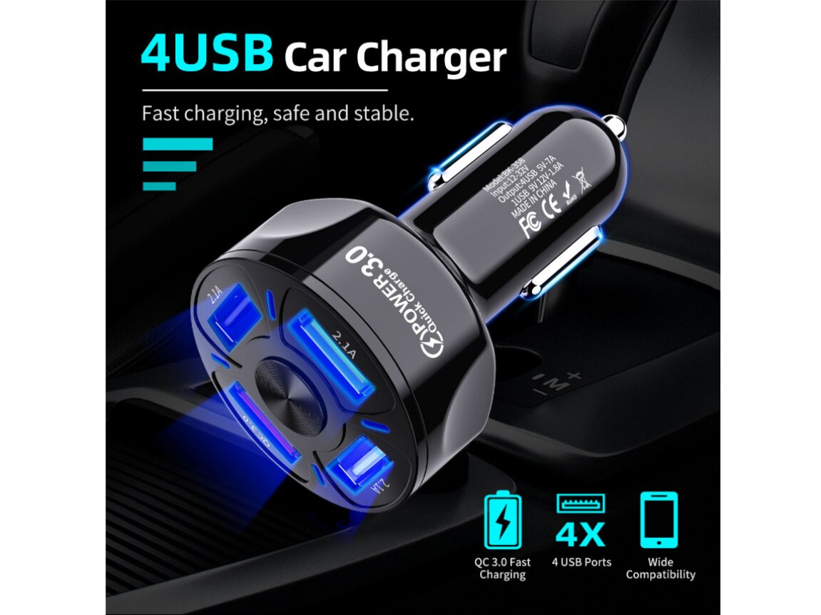 3.1a fast charging car charger one drag four QC 3.0 car mobile phone charger 4USB car charger qc3.0