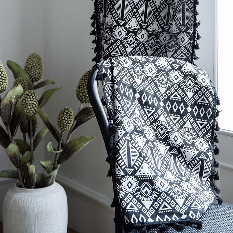 Boho Ethnic Curtains For Living Room Bedroom French Window Bay Window Screen Cotton Linen Tassel Curtain Cortinas para la sala: black / W150 x H240cm 1pc